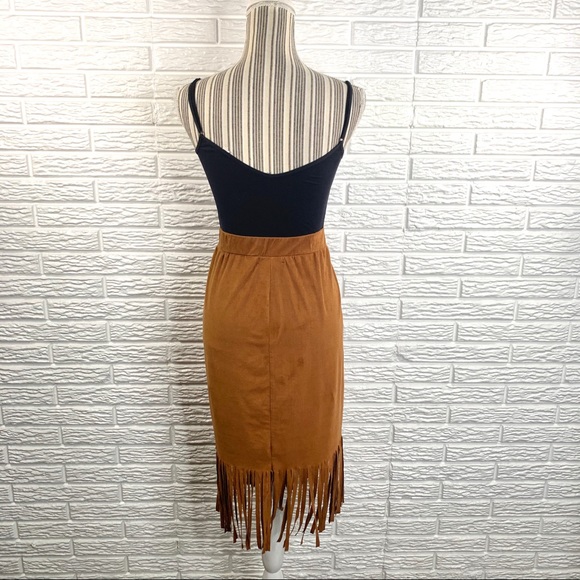 French Laundry Brown Tan Boho Midi Skirt Fringe - Picture 7 of 8